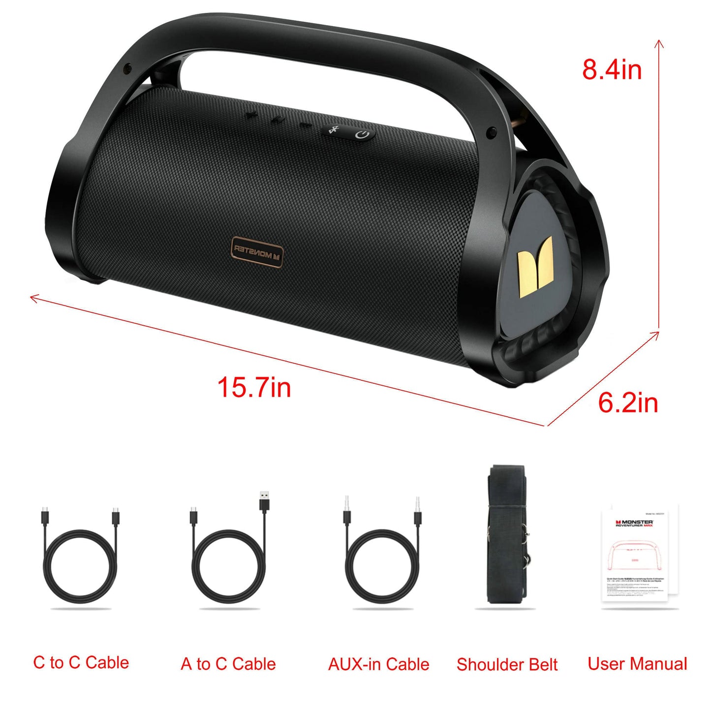 Monster Adventurer Max Portable Bluetooth Speaker, IPX7 Waterproof Wireless Speaker with Double Subwoofer Rich Bass, 100W Stereo Loud Sound with 24H Playtime for Outdoor, Beach, Gold