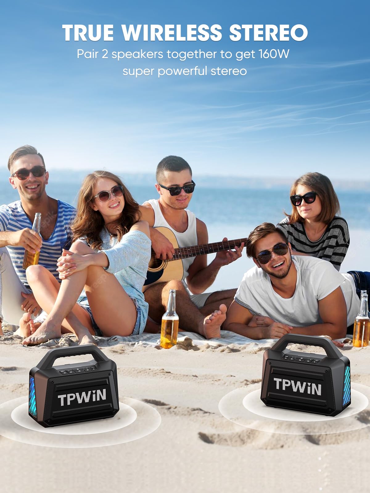 TPWIN Bluetooth Speaker Wireless - Portable Loud Speakers 80W Peak, 20H Playtime, Light Show, TWS, Deep Bass, BT 5.3, IPX6 Waterproof for Outdoor Travel Camping Beach Pool - Black