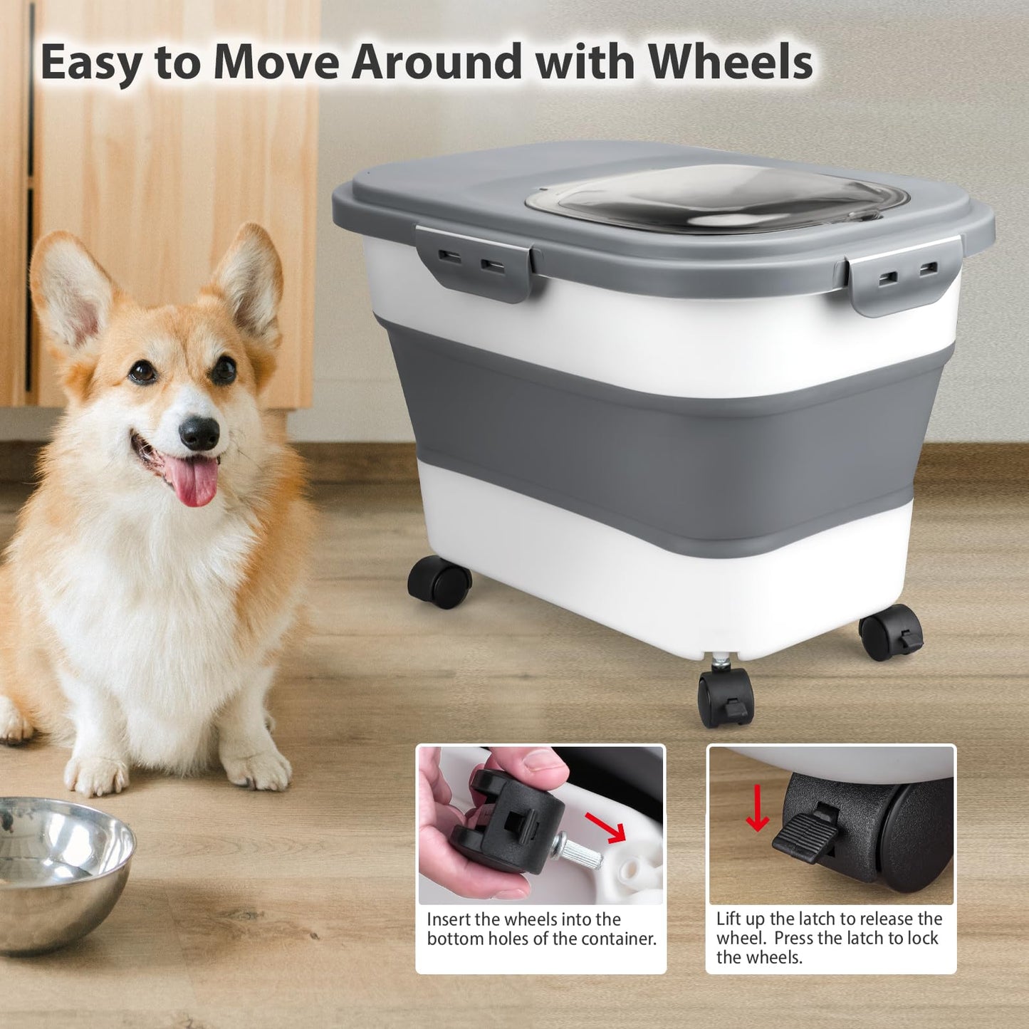 Viretec Dog Food Storage Container, 5-20Lbs Collapsible Pet Food Storage Containers with Rolling Wheel Airtight Locking Lid, Dry Food Storage Bin with Cup and Scoop,Suitable for Pet Food, Rice, Flour
