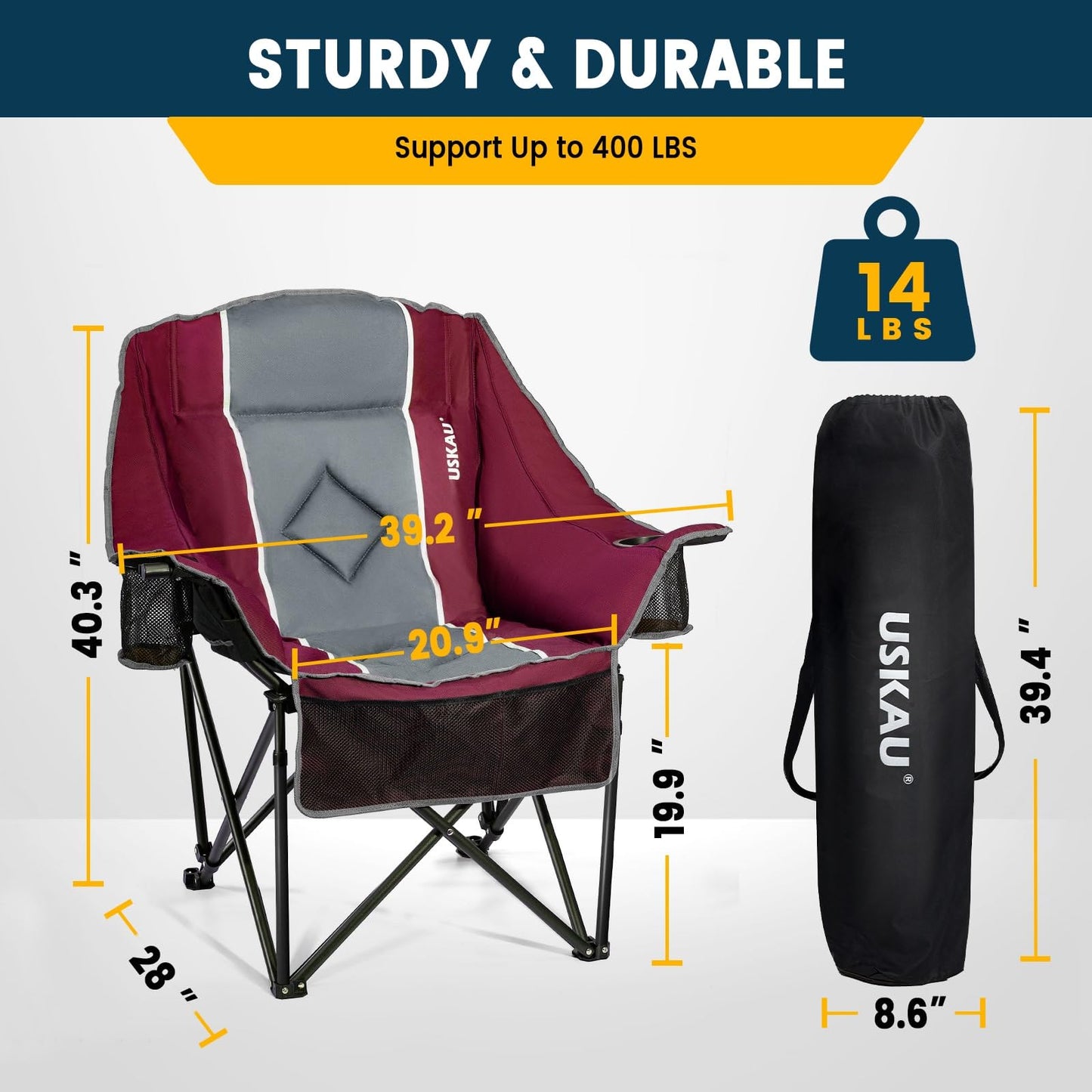 USKAU Oversized Camping Chair for Large Adults Heavy Duty 400 lbs Capacity, Comfortable Padded Folding Lawn Chair with Back & Headrest Support and Cup Holder, Portable Outdoor Chair with Carry Bag