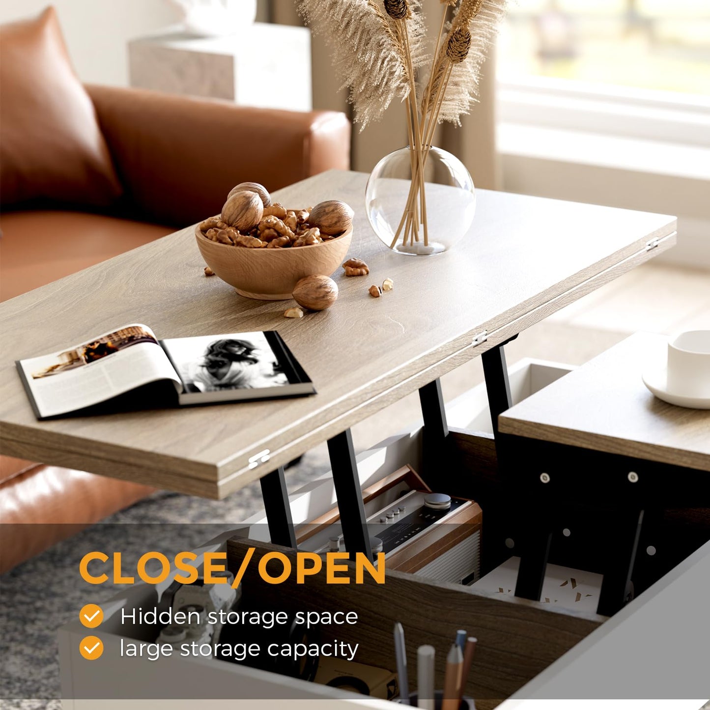 Bidiso 3 in 1 Lift Top Coffee Table, Ten Minutes Install Multifunction Coffee Table, Coffee Table Converts to Dining Table, Lift Top Dining Table Work Desk with Storage,Light Oak