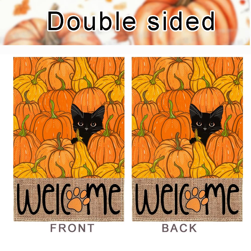 RABUSOFA Fall Garden Flag Double Sided Outside,Black Cat Pumpkins Autumn Welcome Seasonal Thanksgiving Holiday Yard Outdoor Flag