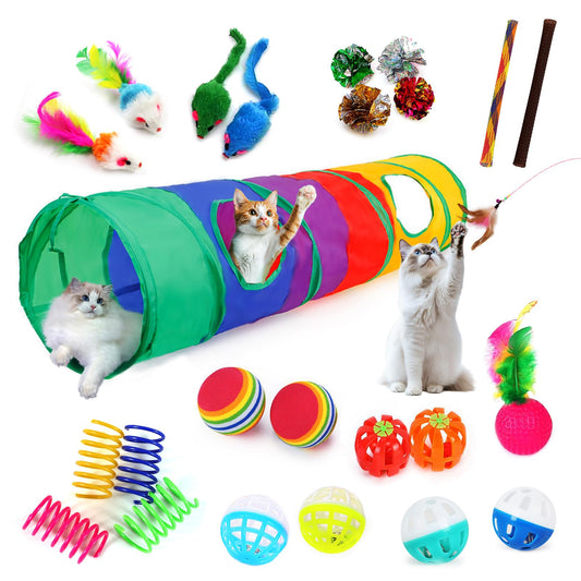 iCAGY 25-Piece Cat Toys Kit with Rainbow Tunnel - Interactive Cat Toy Bundle for Indoor Cats, Kitten Playtime Variety Set Includes Feather Teaser, Springs, Balls, Mice & Noise Toys