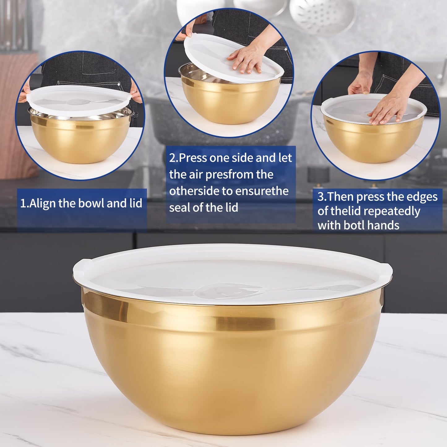 Moxinox Gold Mixing Bowls with Airtight Lids, Stainless Steel Nesting Mixing Bowls Set of 7, Ideal for Baking, Prepping and Serving Food, Size 7, 3.6, 2.7, 2.1, 1.5, 1.1,0.8 QT, Stackable Design