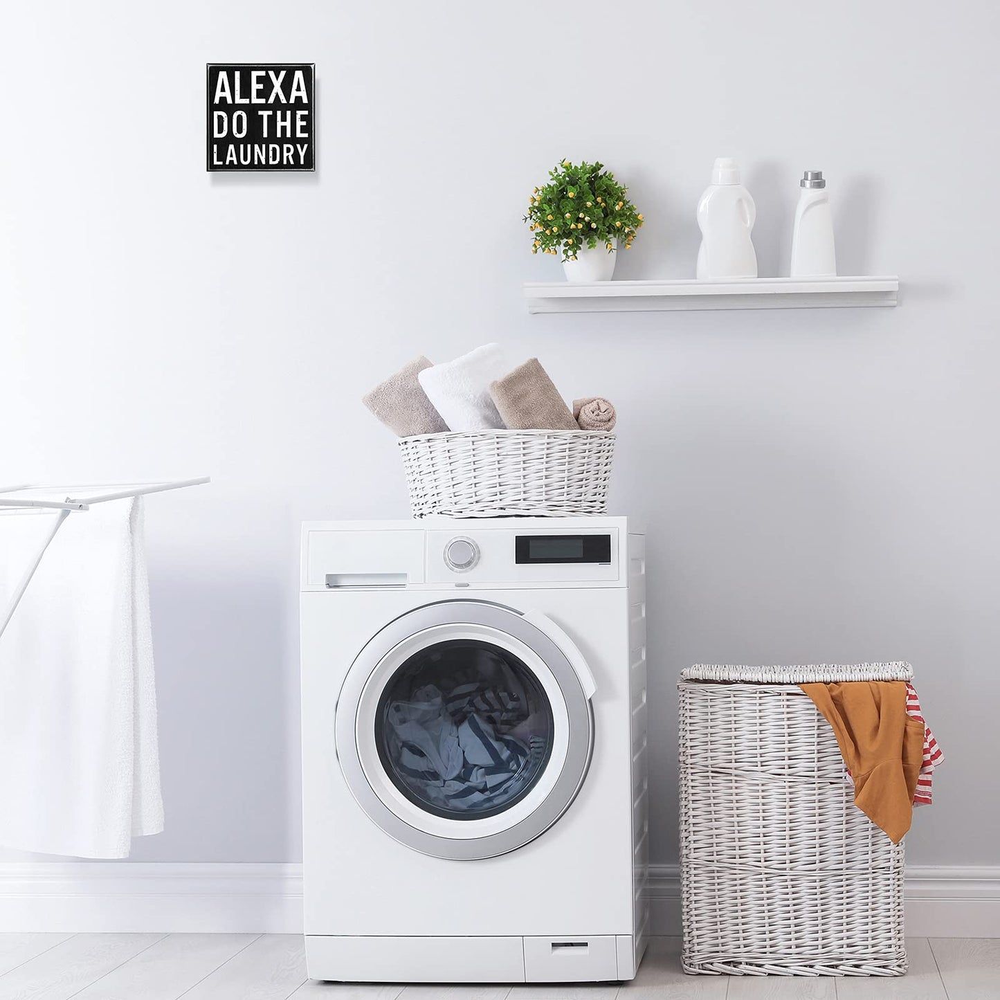 Classic Farmhouse Laundry Decor Funny Wooden Box Sign Rustic Laundry Black White Decorative Box Sign Plaque for Home Bathroom Shelf Decoration(Black Background)