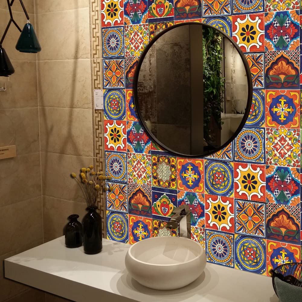 20 Pcs 4"×4" Tile Stickers Peel and Stick, Self Adhesive Waterproof Removable Mandala Style Tiles Backsplash for Kitchen Bathroom Furniture Staircase DIY Home Decor (4"×4", TS295)