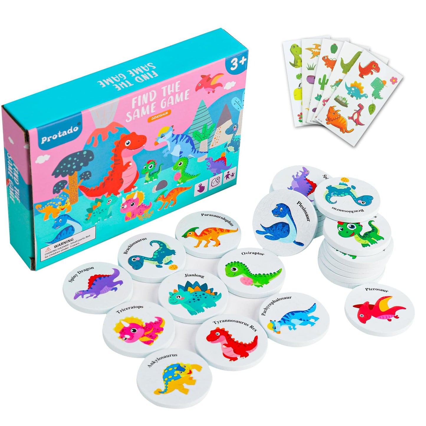 Wooden Match Memory Game for Kids, 24Pc Memory Matching Cards with 5Pc Tattoo Stickers, Educational Memory Matching Game for Pre-Kindergarten Early Learning Development Kids-Dinosaur