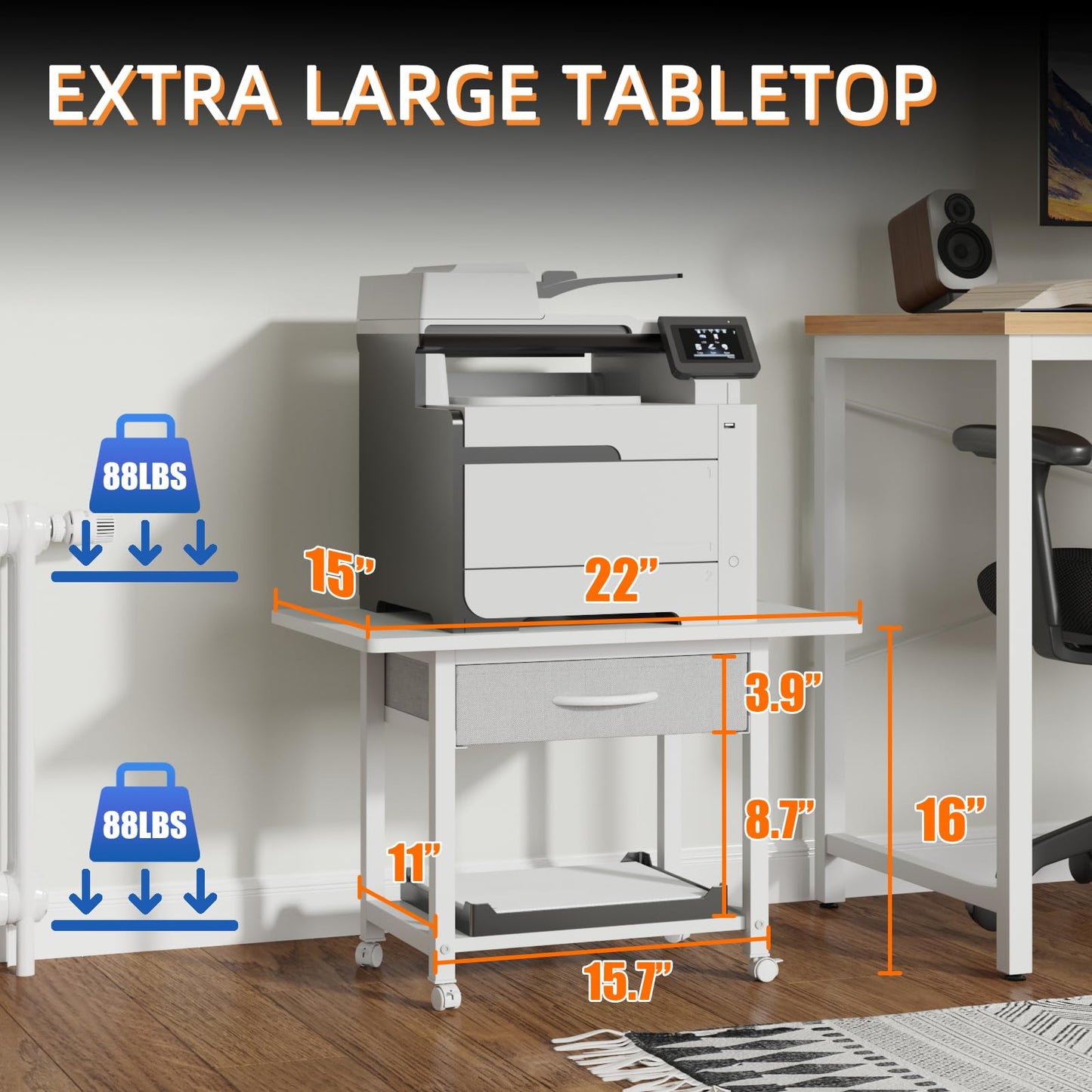 YAOHUOO 22"x15" Large Printer Stand with Storage Drawer, 2-Tier Under Desk Table for Home Office, Fits Fax Machine/3D Printer/Scanner (White)