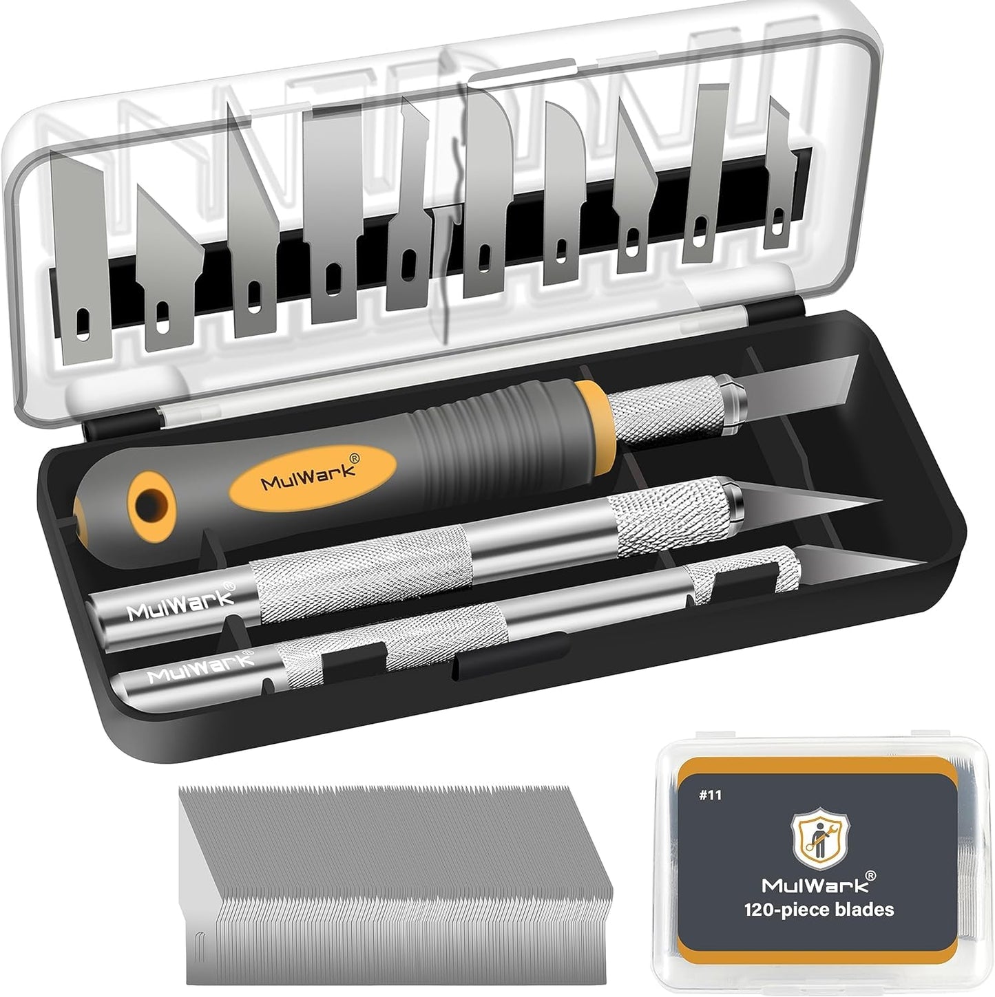 MulWark 32-Piece Precision Hobby Knife Set - Exacto Knife Set For Modeling - Craft Knife Handle Customized With Chiseling, Stencil Edge And Fine Point Blades With Sharpening Stone And Steel Ruler