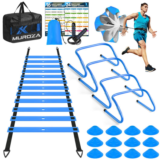 Agility Ladder Speed Training Equipment Set-20ft Agility Ladder,12 Soccer Cones,4 Hurdles, Jump Rope, Running Parachute, Basketball Football Soccer Training Equipment for Kids, Youth, Adults