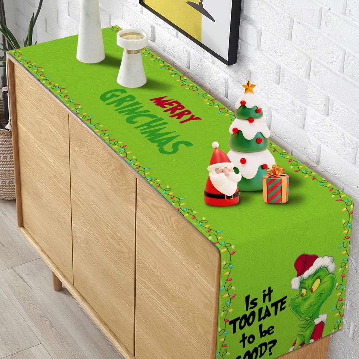 Merry Christmas Table Runner Green Xmas Buffalo Plaid Check Winter Holiday Party Decoration Fireplace Kitchen Dinning Home Decor 72Inches Long