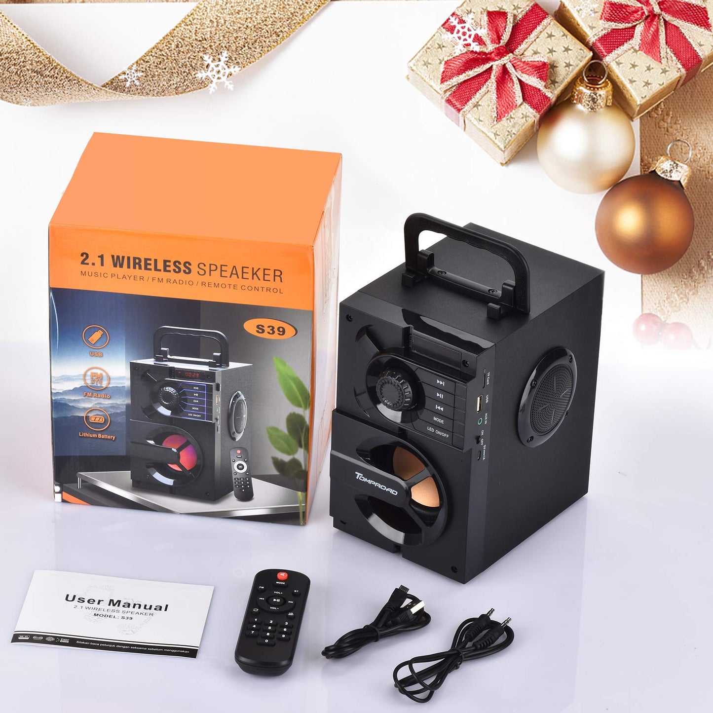 TOMPROAD Bluetooth Speaker, Portable Bluetooth Speakers with Subwoofer Wireless Stereo Sound Rich Bass Outdoor Party Speakers Support Remote Control FM Radio LED Lights