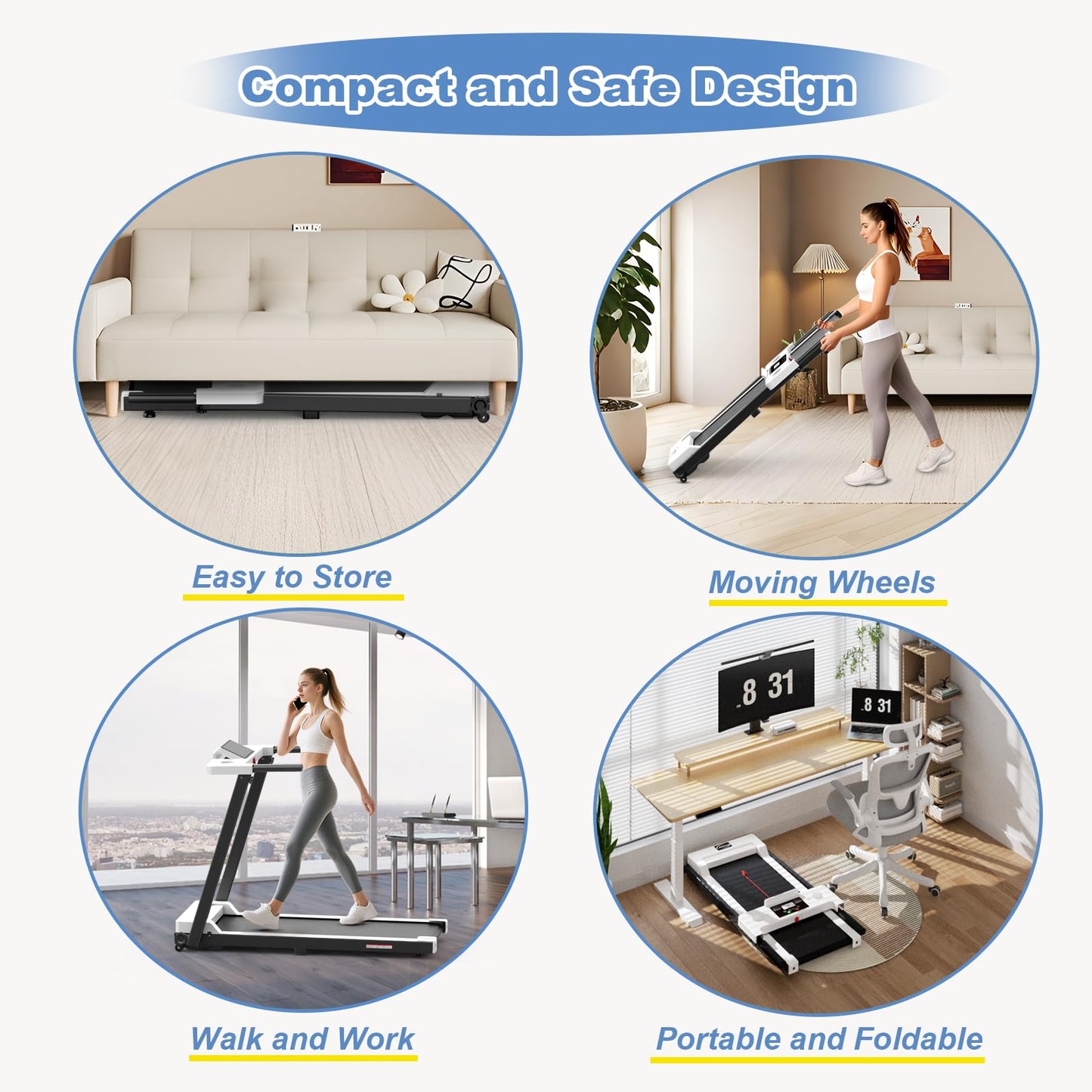 Juturna Treadmills for Home, Walking Pad with Handle Bar, Portable Foldable Treadmill, 3.0 HP Walking Pad with 300 LBS Capacity, Folding Treadmill with LED Display, White