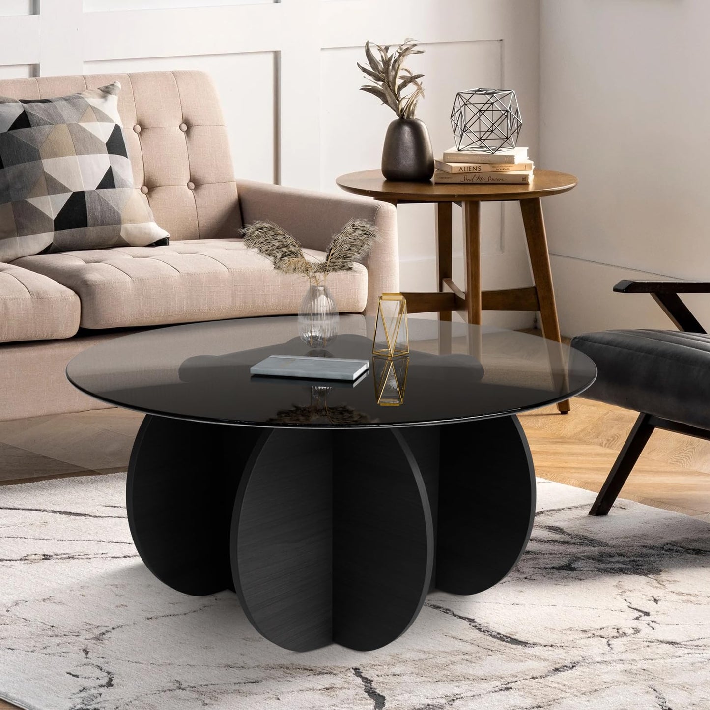 Coffee Table,31.5"Round Glass Coffee Table for Living Room Mid Century Modern Coffee Table Unique Circle Center Table with Wood Base Rustic Accent Center Cocktail Table for Home Small Space（black）