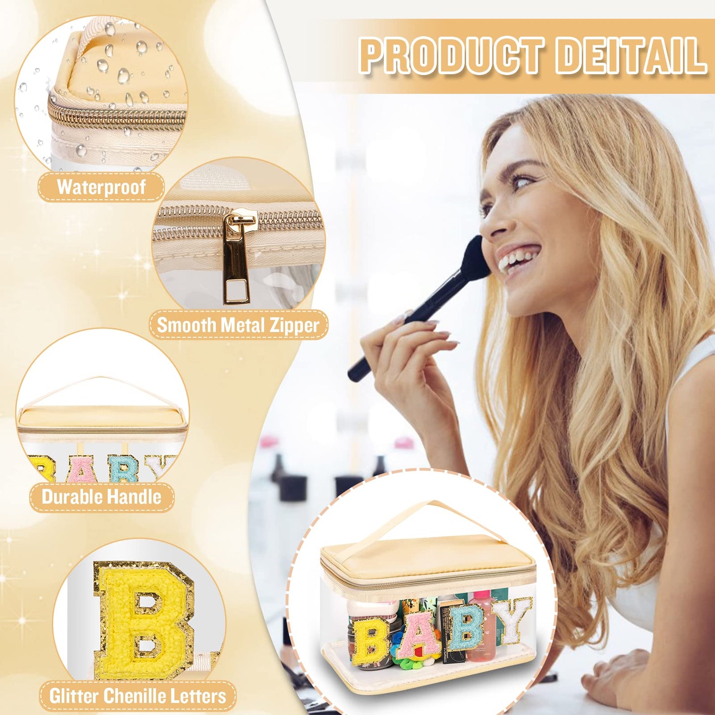 Chenille Letter Clear Makeup Bags Baby Pouch, Preppy Patch Makeup Bag Zipper with Handle, Transparent PVC & Nylon Waterproof Glitter Cosmetic Handbag Travel Toiletry Storage for Women Girl(BABY-Beige)