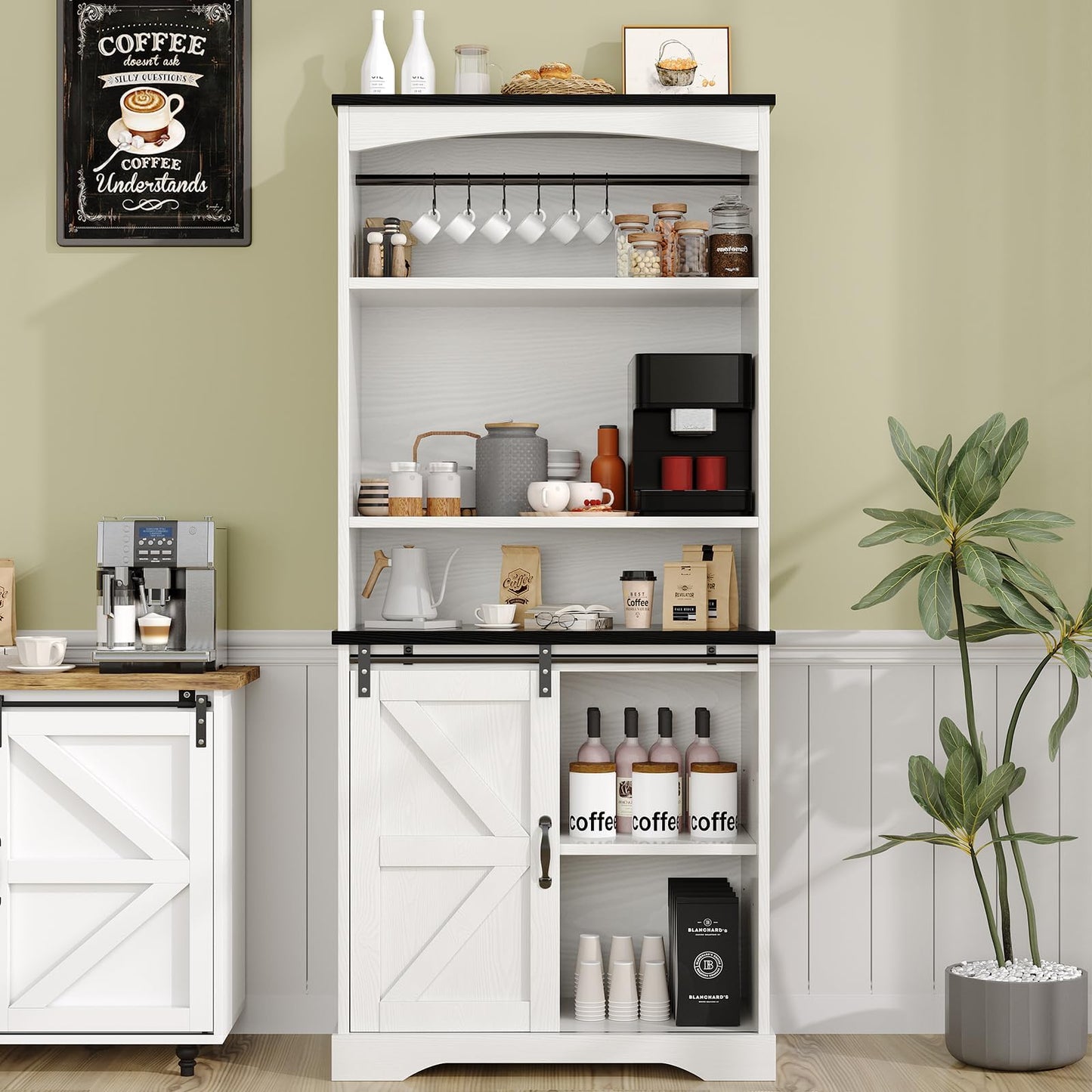 4ever2buy Farmhouse Tall Coffee Bar with Tall Hutch, Buffet Cabinet with Storage, 70 Inch Coffee Bar Cabinet with Sliding Barn Door and Adjustable Shelves for Living Dining Room, White