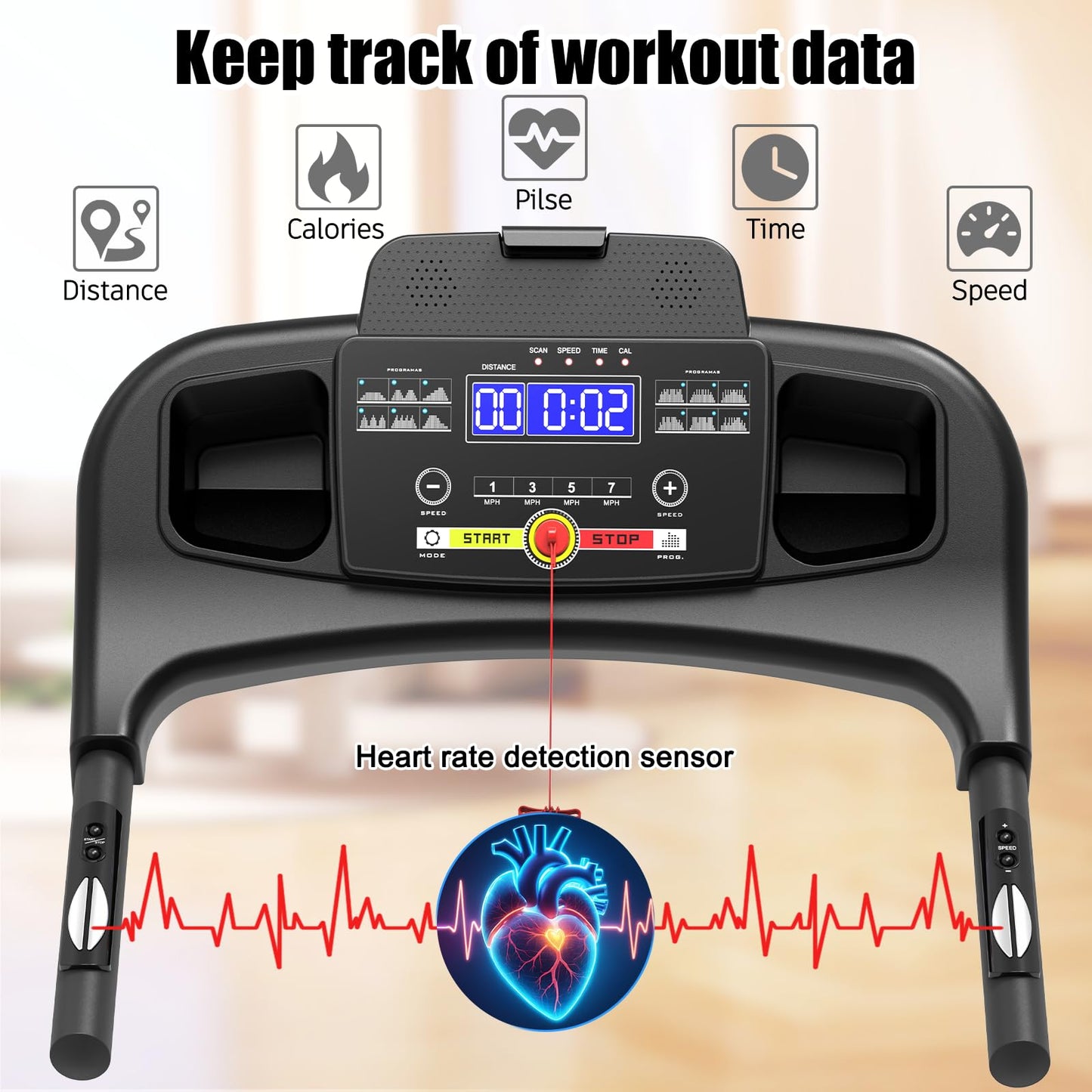 Foldable Treadmill 3.0 HP Quiet Brushless, 7.5 MPH, 300 LBS Capacity for Indoor Home Gym Use with Pulse Sensor LED Display Treadmill with Bluetooth Speaker