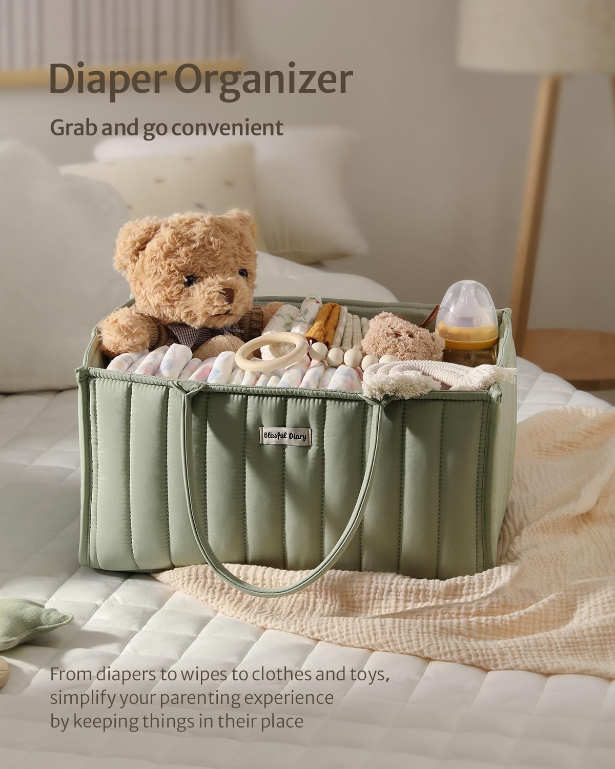 Blissful Diary Baby Diaper Caddy Organizer, Stylish Storage Basket for Newborn Essentials and Diaper Station, Gift for Baby Shower and Registry Must-Have, Sage Green