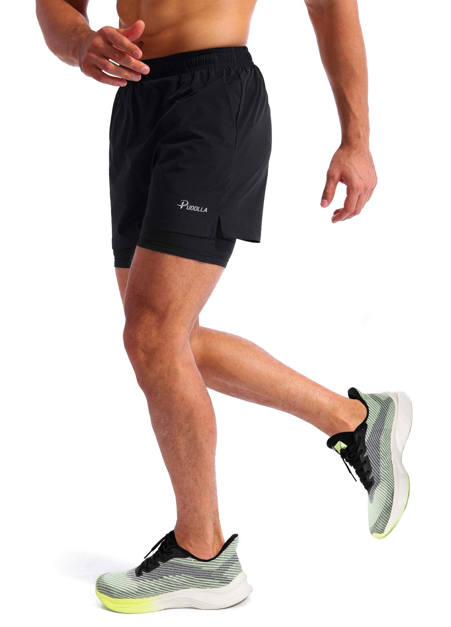 Pudolla Men’s 2 in 1 Running Shorts 5" Quick Dry Gym Athletic Workout Shorts for Men with Phone Pockets(Black Large)