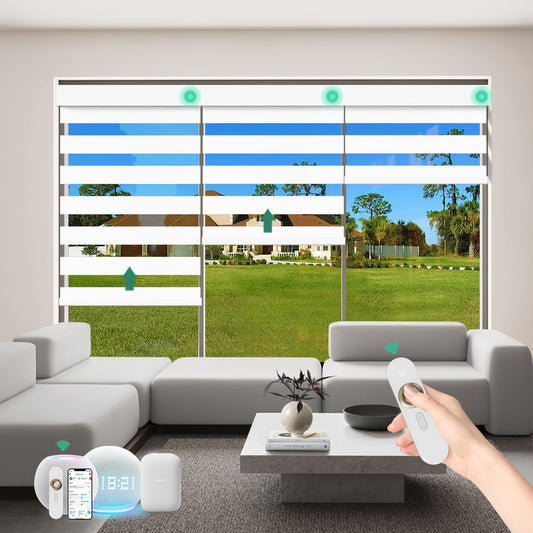Bliwans Motorized Zebra Blinds with Remote [Dual Layer + Light Filtering] 60% Blackout Smart Shades for Indoor Windows, Alexa Google and HomeKit Compatible, Customized Size, Woven Ivory