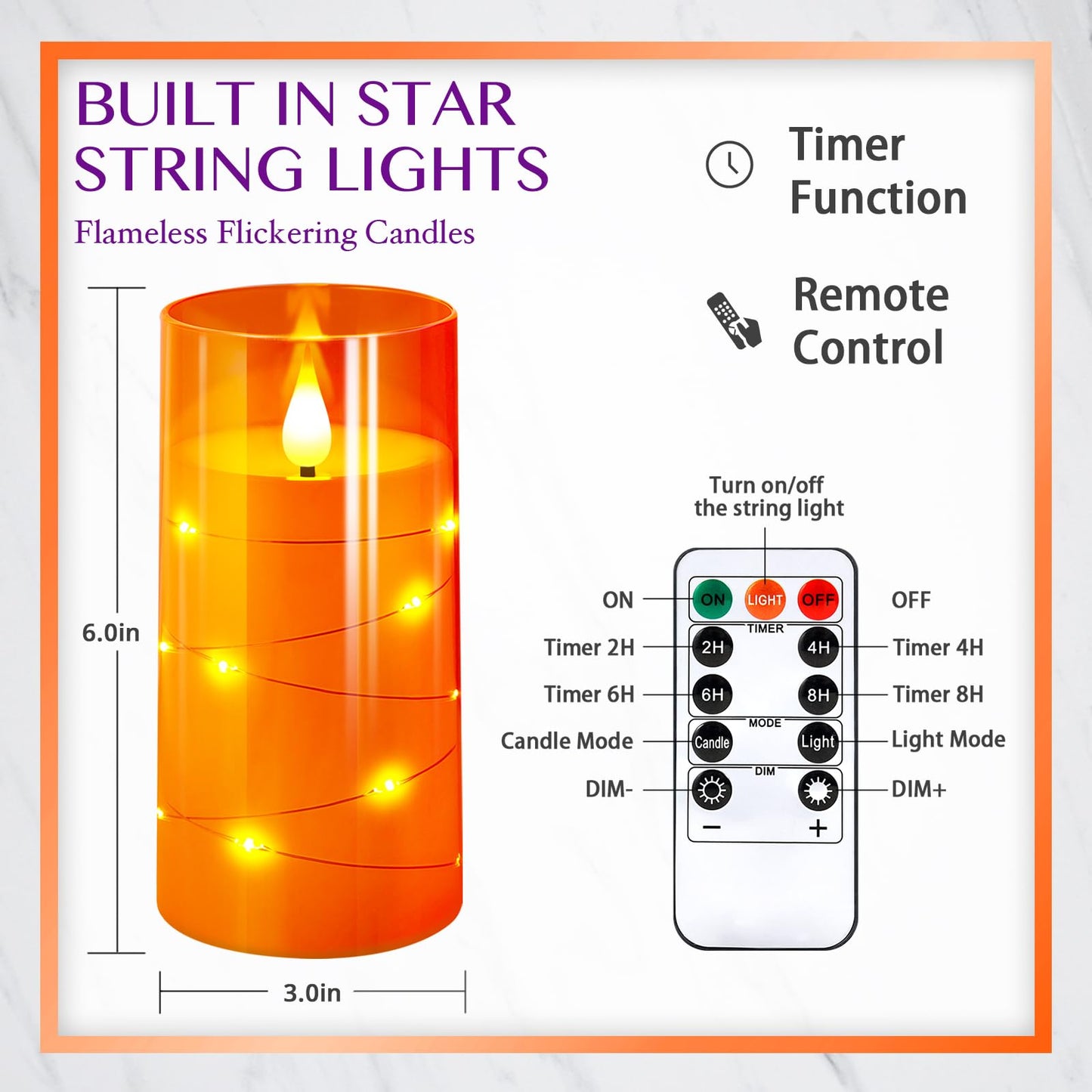 NURADA 3"x6"Flickering Flameless Candles: Built-in Star String Lights 3D Wick Battery Operated LED Pillar Candles with Remote and Timer for Thanksgiving Dinner Tables Wedding Home Fall Decor Orange