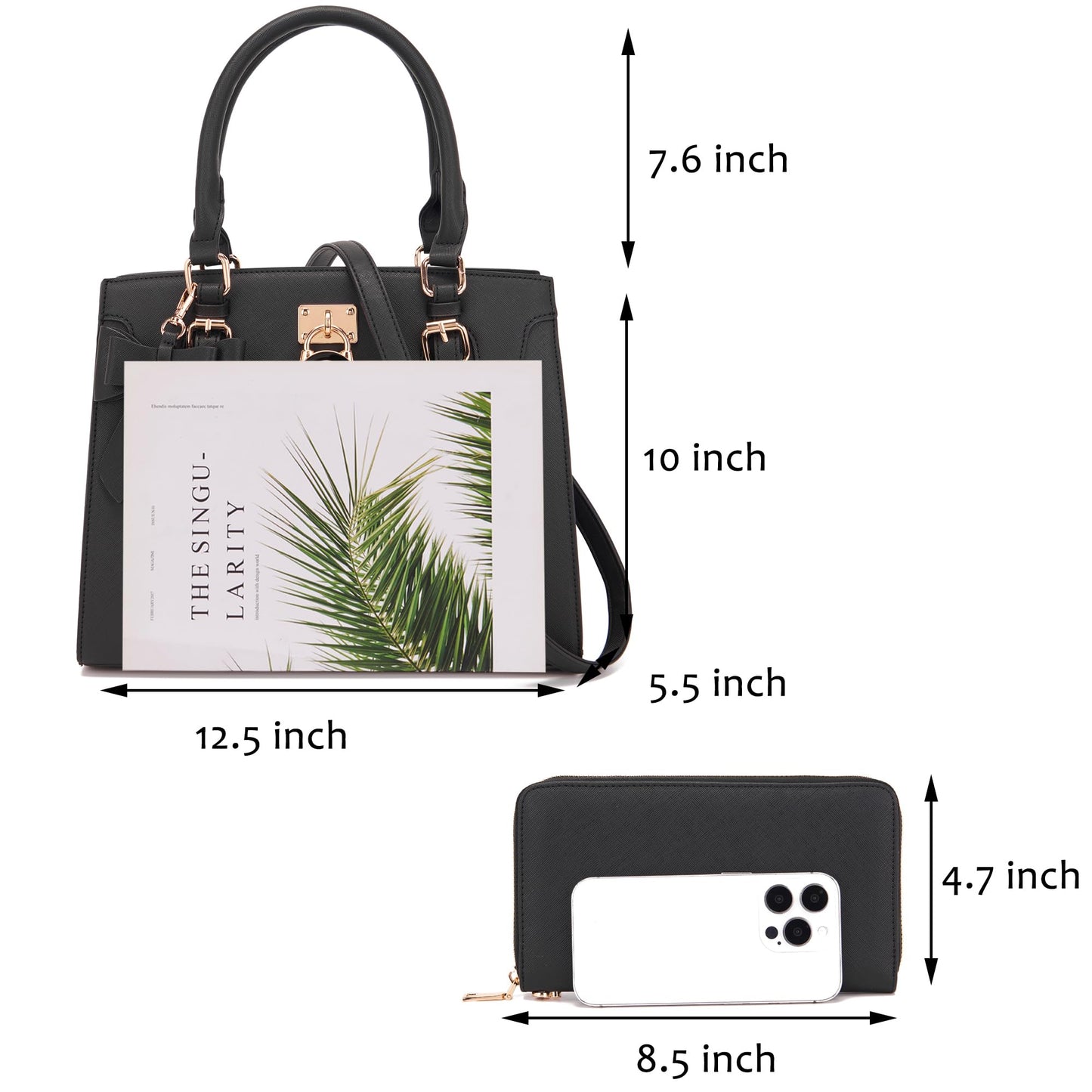 Qiyuer Women Purses And Handbags Set Ladies Top Handle Satchel Tote Shoulder Work Bag With Matching Clutch Wallet 2PCS Black