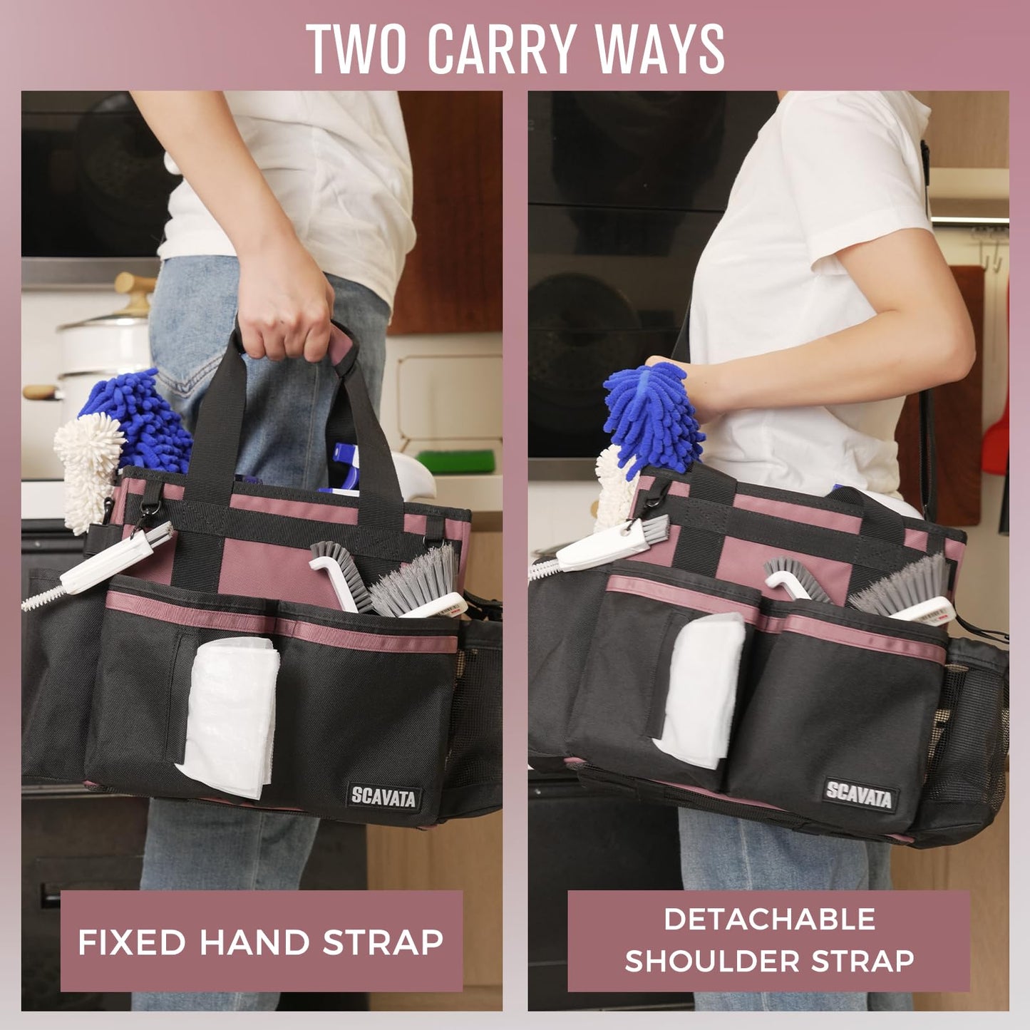 SCAVATA Compact Wearable Cleaning Caddy, Small Cleaning Caddy Supplies Organizer with Handle & Shoulder Straps for Housekeepers, Under Sink & Car Cleaning Tool Organizers Bag (LotusPink)