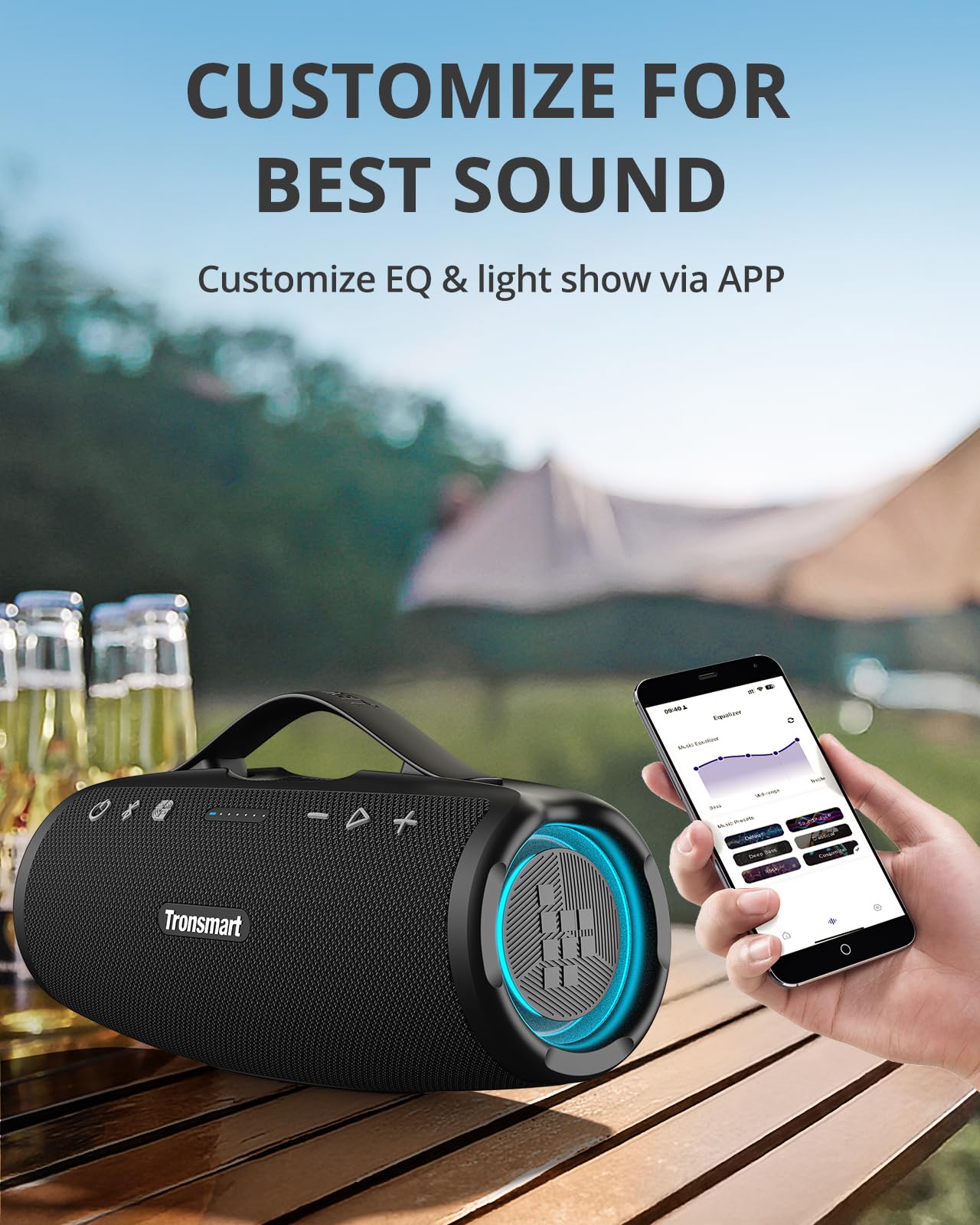Tronsmart Mirtune S100 Portable Bluetooth Speaker, 50W Punchy Bass &Clear Treble, Retractable Handle, 20H Playtime, IPX7 Waterproof, Customize EQ for Outdoor, Camping,Beach(Black)