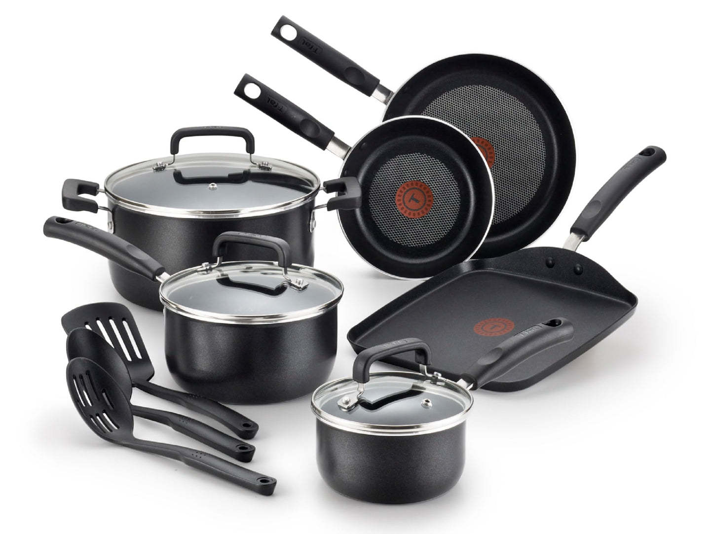 T-fal Signature Nonstick Cookware Set 12 Piece, Oven Broiler Safe 350F, Pots and Pans, Kitchen Cooking Set w/Fry Pans, Saucepans, Saute Pan, Dutch Oven, Griddle, Kitchen, Home, Dishwasher Safe, Black