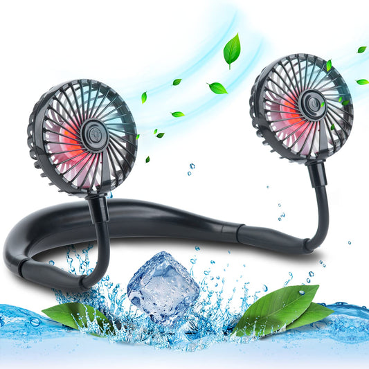 VAGAU Portable Cooling Neck Fan, Rechargeable USB Personal Neck Fans with Colorful LED lights, 360° Rotation, Wearable Neck Fan Air Conditioner for Office Travel Sport, 3 Adjustable Speeds（Black）