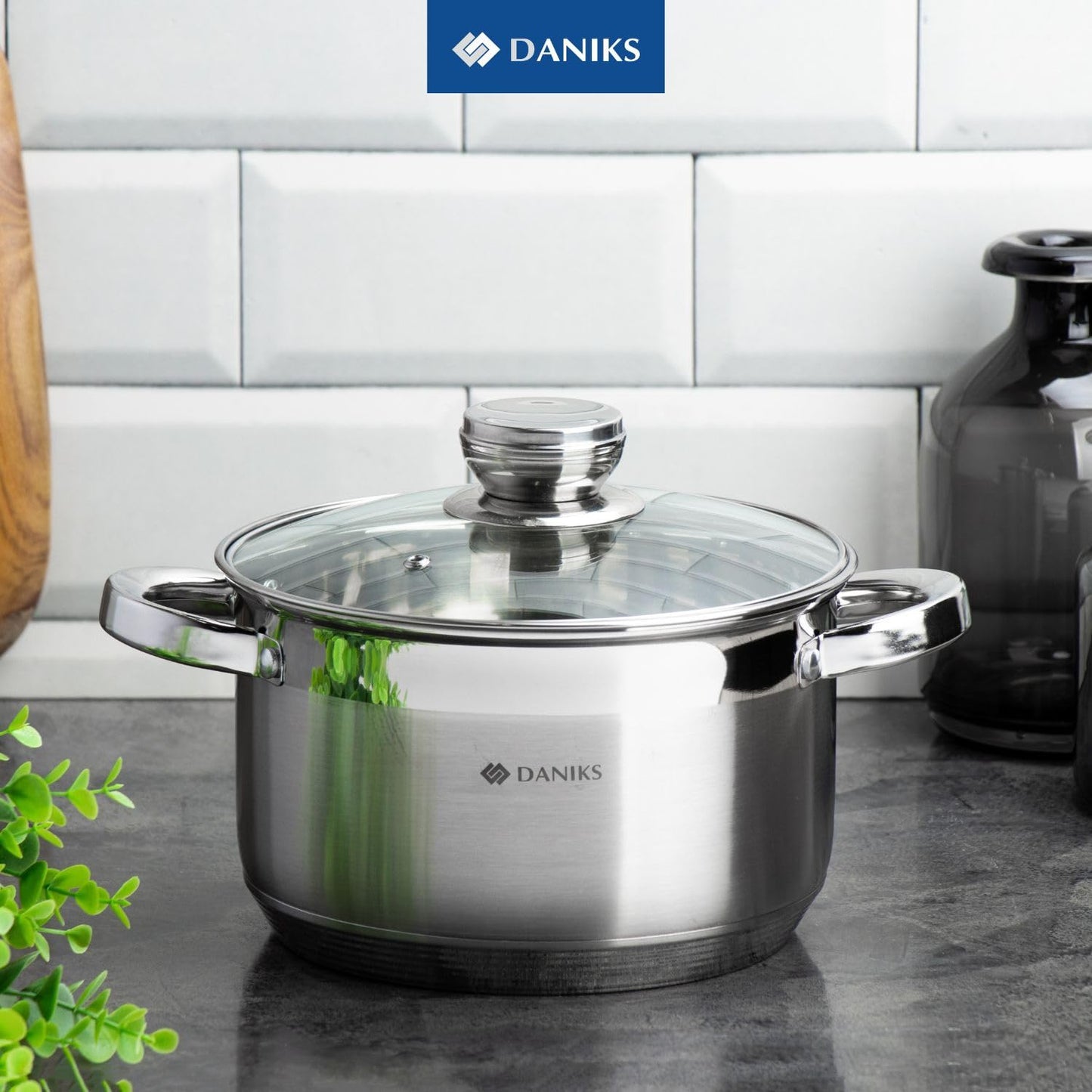 Daniks Standard 6-Piece Stainless Steel Induction Cookware Set, Dishwasher Safe Pots, Measuring Scale, Glass Lids, For Soup, Pasta, Stew, Silver