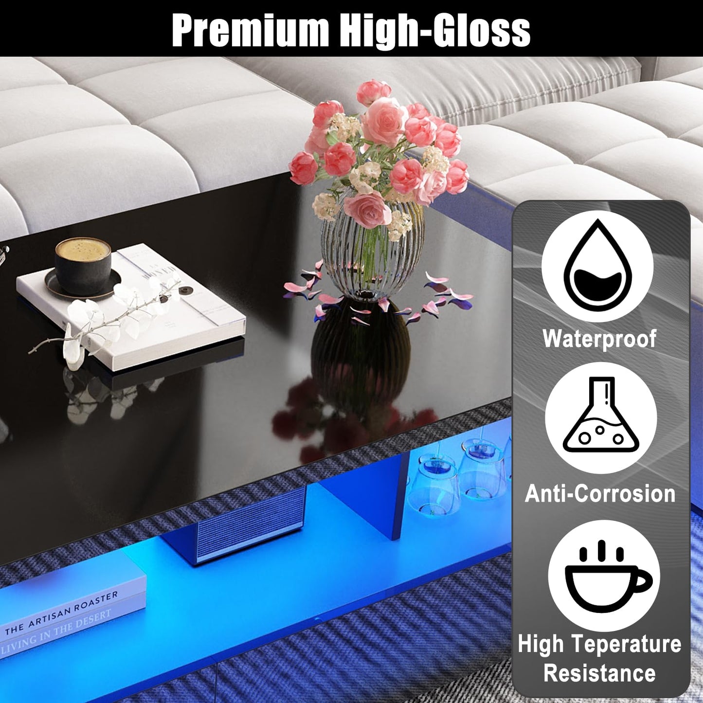 jiteentarou LED Coffee Table w/ 2 Storage Drawers,App Control,High Glossy Modern Black Coffee Table w/60,000-Color Lights,Rectangle 2-Tier Center Table w/Display Shelf for Living Room