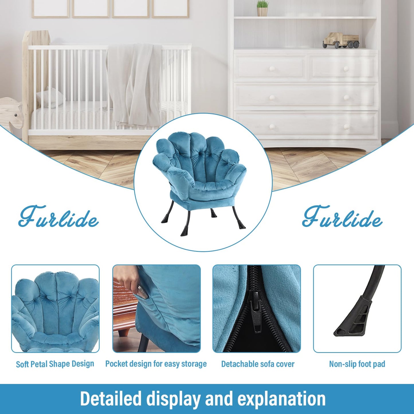 Furlide Lazy Chair with Ottoman, Modern Floral Reading Chair with Folding Footrest, Lounge Accent Chairs, Comfortable Oversized Armchairs for Bedroom, Living Room, Courtyard, Velvet Light Blue