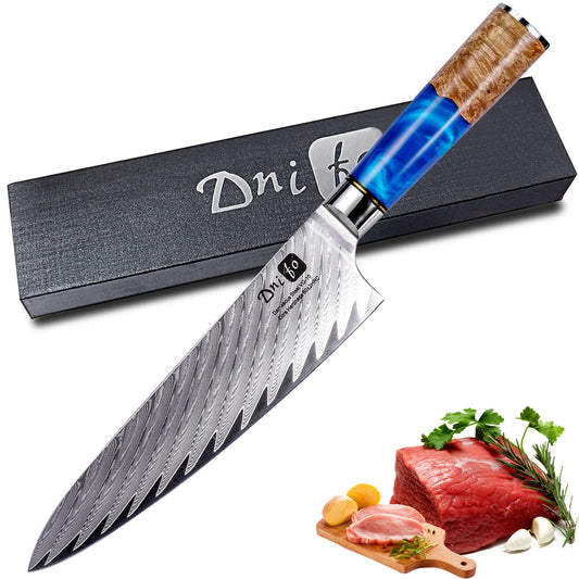 Dnifo Chef Knife 8 Inch, Damascus VG-10 Steel Sharp Japanese Kitchen Knife with Gift Box and Resin Wood Handle, Ideal Gift for Men and Women