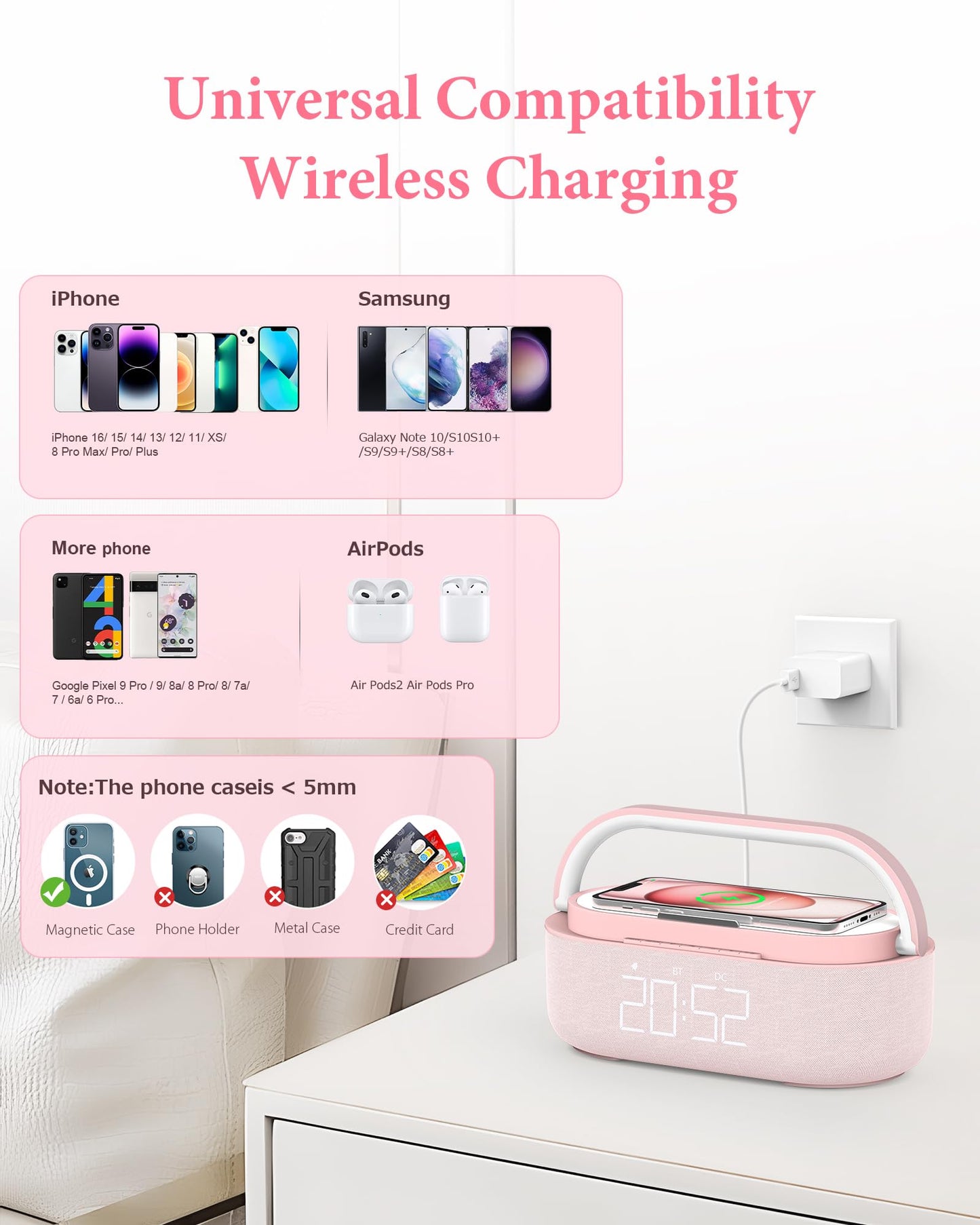 COLSUR Bluetooth Speaker with Wireless Charger, FM Radio, Dimmable LED Night Light, Dual Wireless Speakers, 2500mAh Portable Speaker for Home Decoration, Bedroom, Office, Gift