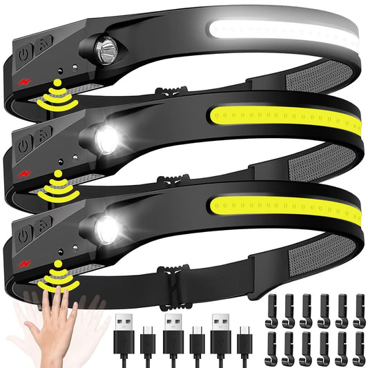 Headlamp Rechargeable 2PCS, 230° Wide Beam Head Lamp LED with Motion Sensor for Adults - Camping Accessories Gear, Waterproof Head Light Flashlight for Hiking, Running, Repairing, Fishing, Cycling