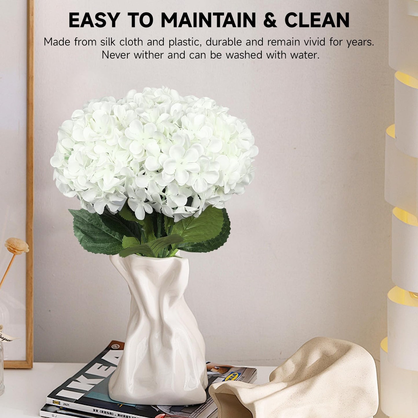 Subacy 6 PCS Artificial Hydrangea Flowers, Faux Silk Hydrangea with Long Stems, Home Wedding Decor, Table Centerpieces, Party Decorations(White)