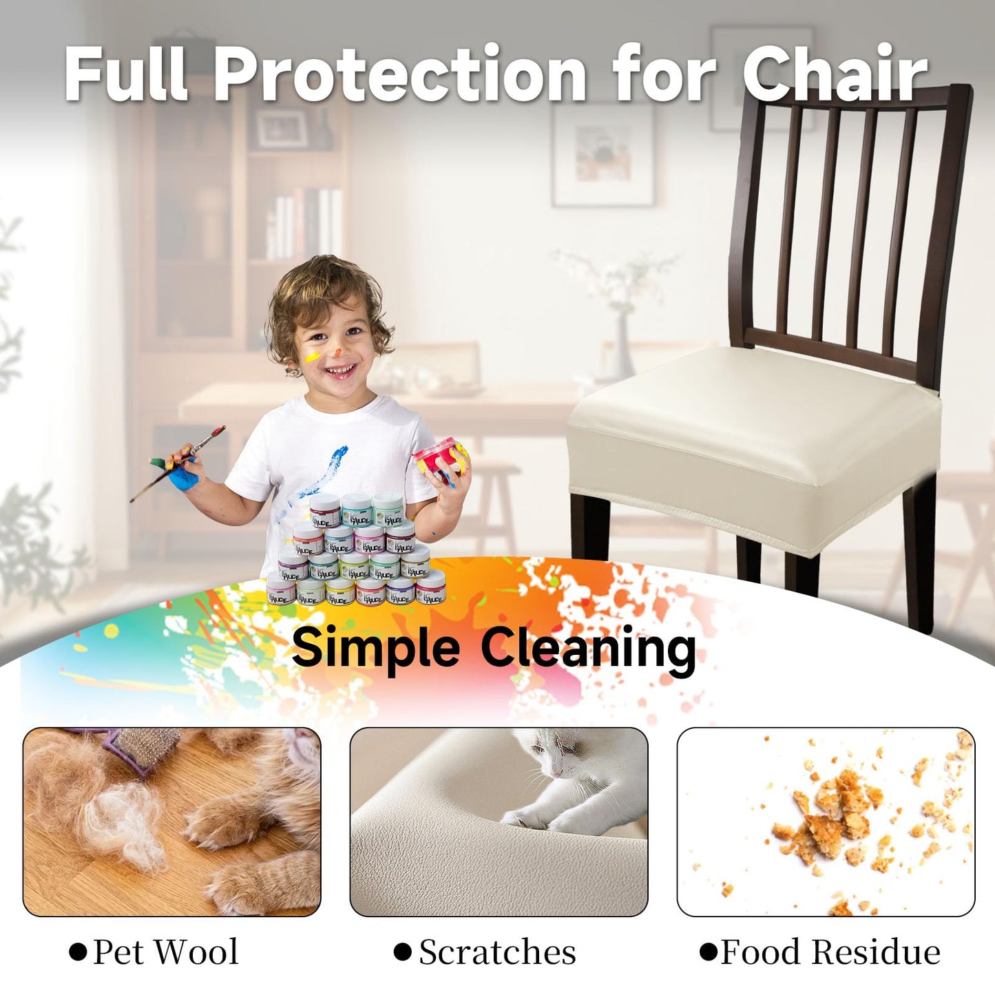 Lufyzora Leather Seat Covers Dining Chairs Waterproof Kitchen Chair Seat Covers Set of 2, Wipeable 4-Sided Super Elastic PU Chair Covers Dining Chairs for Dining Room and Dust Resistant(Cream, 2PCS)