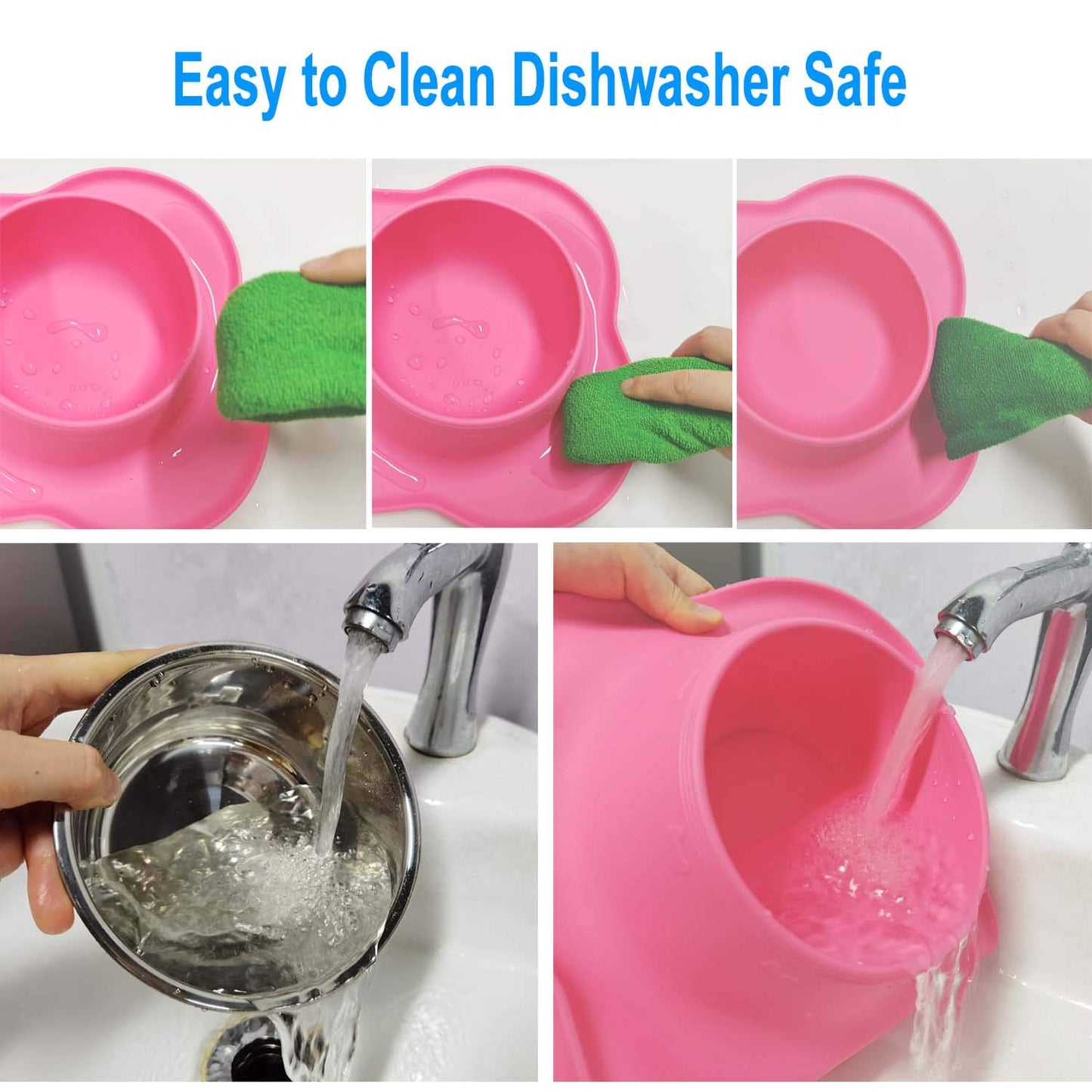 AsFrost Dog Food Bowls Stainless Steel Pet Bowls & Dog Water Bowls & Cat Bowls for Food and Water No-Spill Non-Skid Silicone Mat, Feeding Bowls with Dog Bowl Mat for Dogs Cat Dood Dish, Pink, 12oz