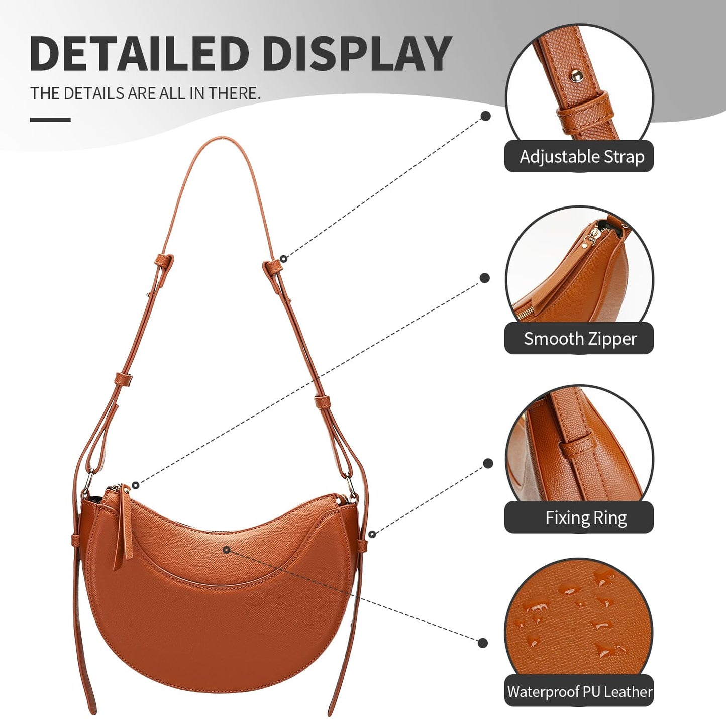 Herald Small Leather Crossbody Bag for Women, Designer Crescent Shoulder Purse Handbag with Adjustable Strap & Tassel (Brown)