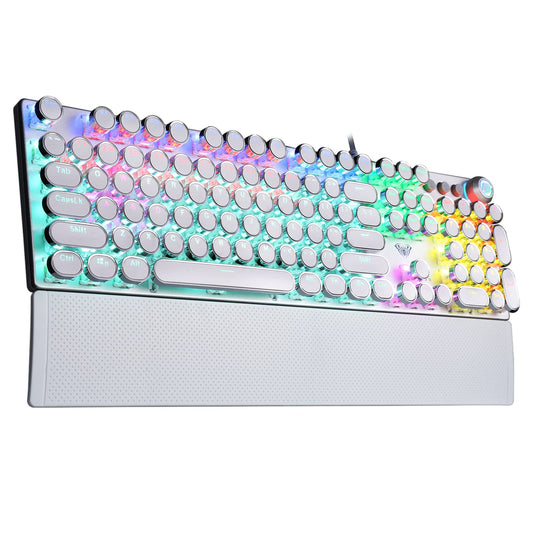 AULA F2088 Typewriter Style Mechanical Gaming Keyboard Blue Switches,Rainbow LED Backlit,Removable Wrist Rest,Media Control Knob,Retro Punk Round Keycaps,USB Wired Computer Keyboard