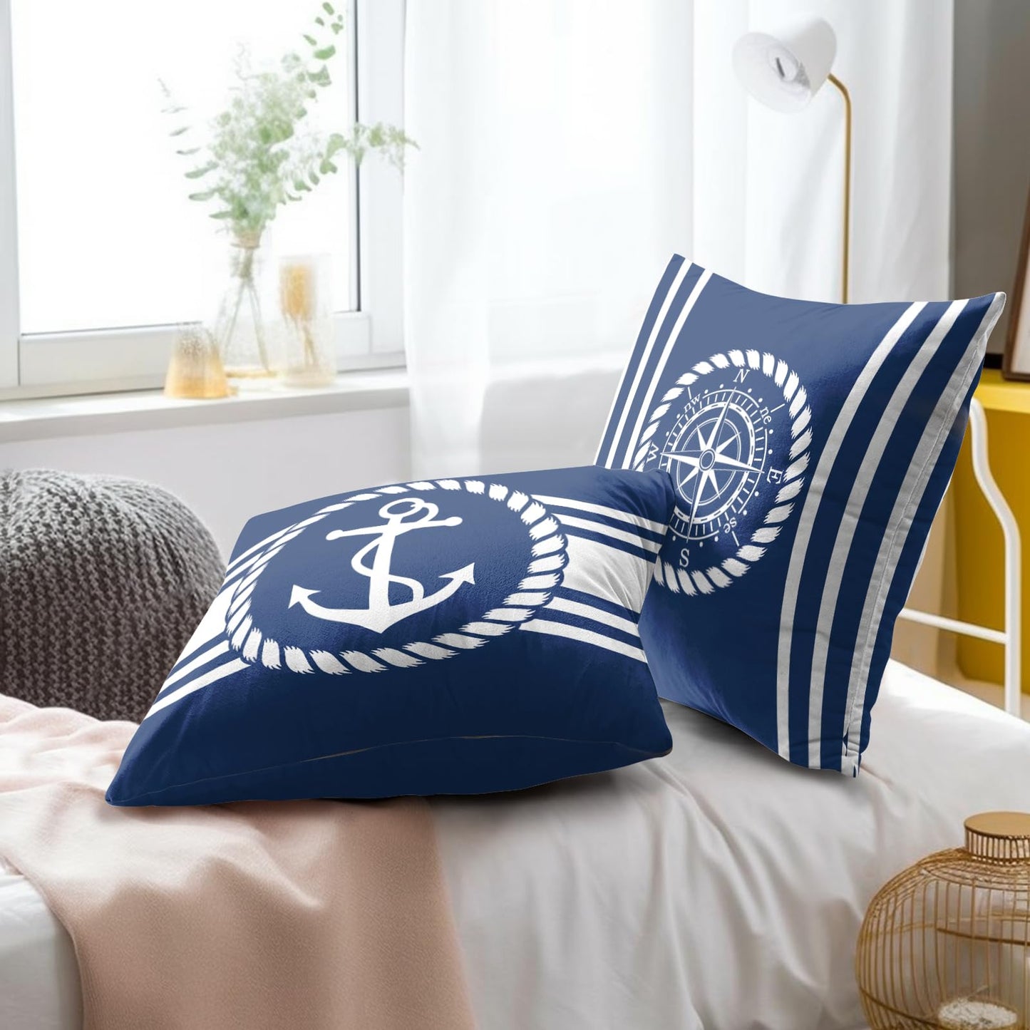Navy Blue and White Anchors Pillowcovers Ocean Summer Throw Pillow Covers Coastal Nautical Cushion Case for Sofa Home Decor Bedroom Living Room Outdoor 18 x 18 Inches Set of 2 Beach Theme Pillow Cover