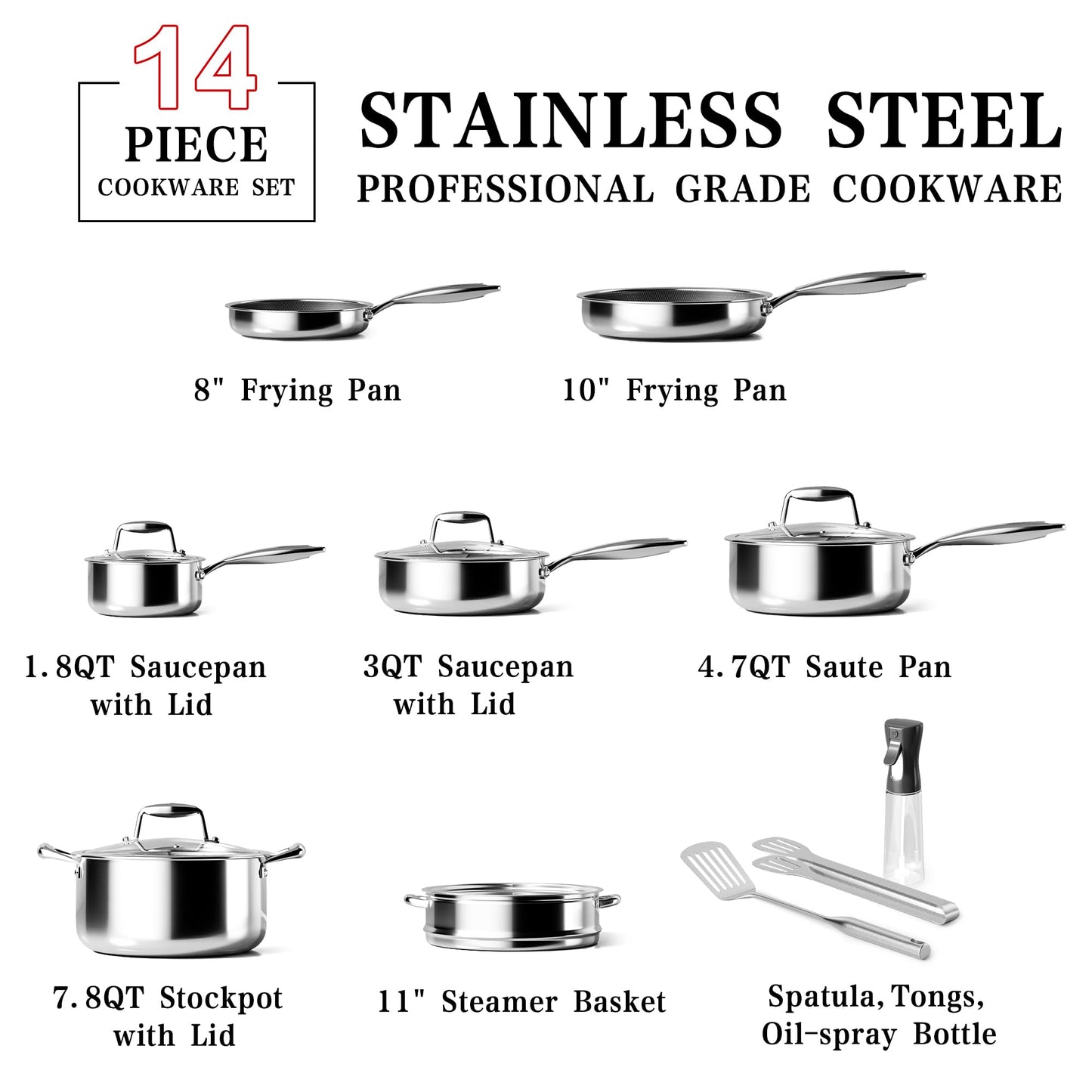 Stainless Steel Cookware Set - VONIKI Tri-ply Stainless Pots And Pans Set with Steamer Basket, Non Toxic Induction Cookware, Kitchen Cookware Sets PFOA & PTFE Free, Dishwasher and Oven Safe