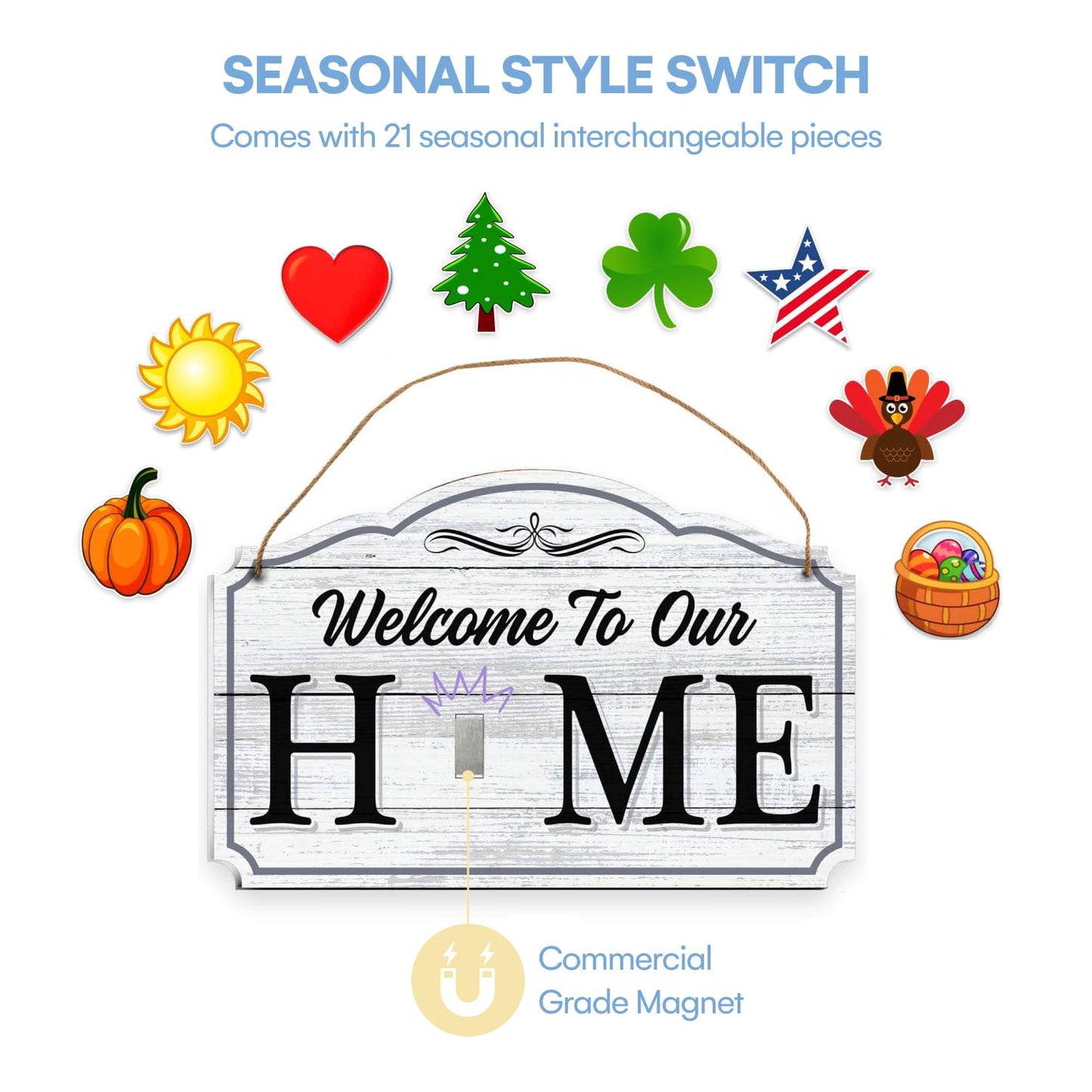 Bigtime Signs Welcome to Our Home Black Wood Grain Print Wall & Front Door Decor - Welcome Sign for Front Door with Interchangeable Home Sign Magnets Halloween, Easter, Fall, Valentines