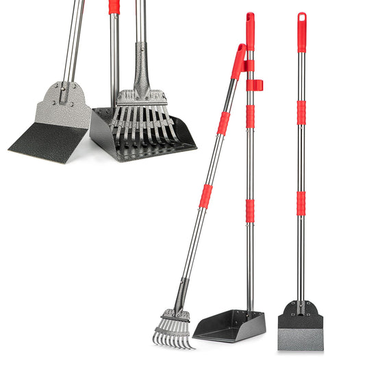 FUSBUNTY Pooper Scooper, Long Handle Dog Pooper Scooper, Heavy Duty Stainless Steel Rake with Tray & Spade Set for Pet Waste Removal, for Grass, Dirt or Gravel