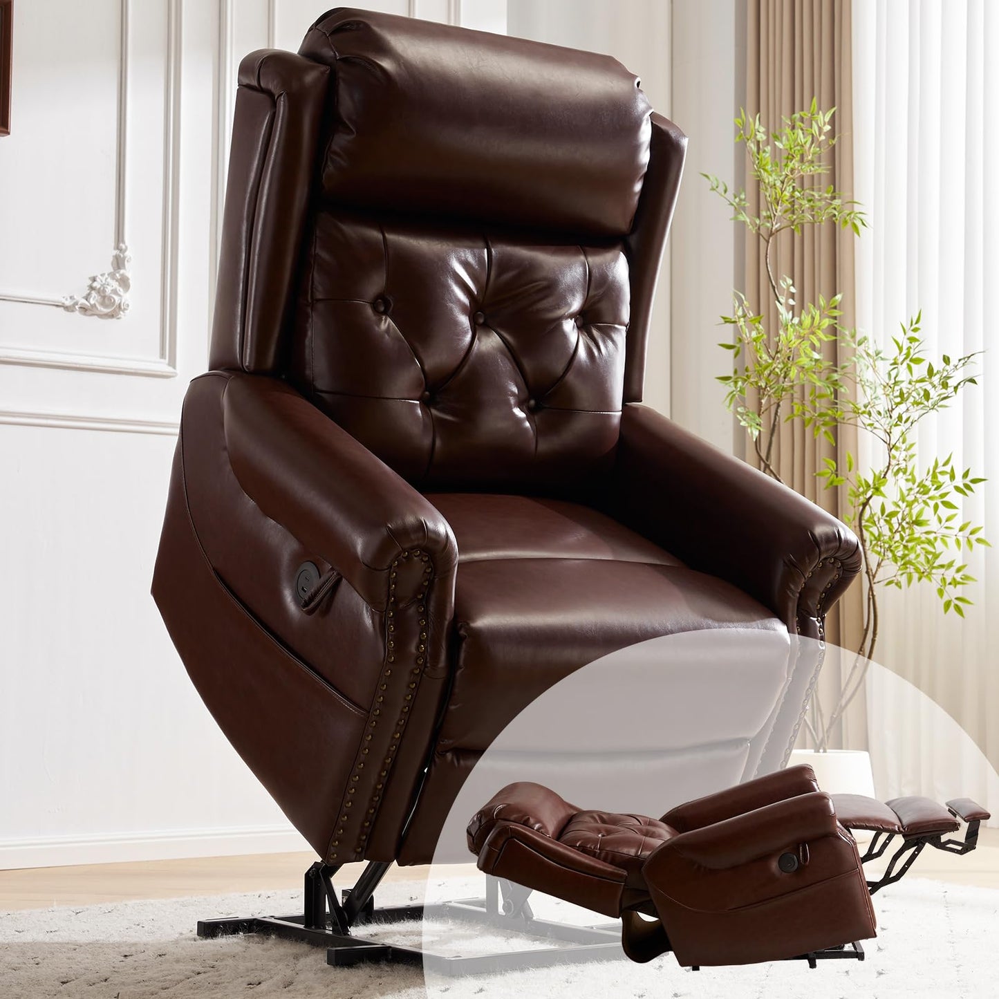 Rhevoy Power Lift Recliner Chair for Elderly with Adjustable Headrest,Electric Lift Chair with Massage and Heat, Lay Flat Recliner for Big and Tall,Brown