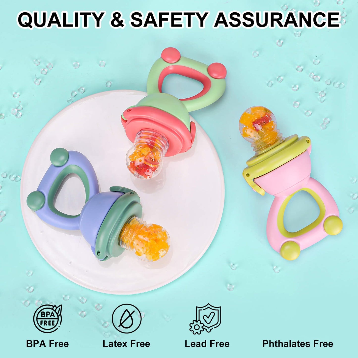 Baby Fruit Food Feeder Pacifier - Fresh Fruit Teething Toy 6M+, BPA Free Safely Introduce Solids Teething Relief Toy Includes Add Silicone Sacs, 2-Pack (Light Pink)