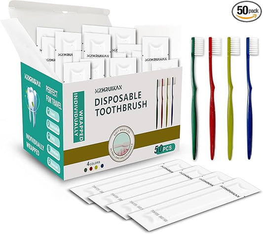 50 PCS Disposable Toothbrushes, Bulk Individually Wrapped Toothbrushes, Travel Toothbrush Pack, Ultra Soft Bristles & Non-Slip Handle, Perfect for Home, Travel, Hotel, Donation (50 Pieces)