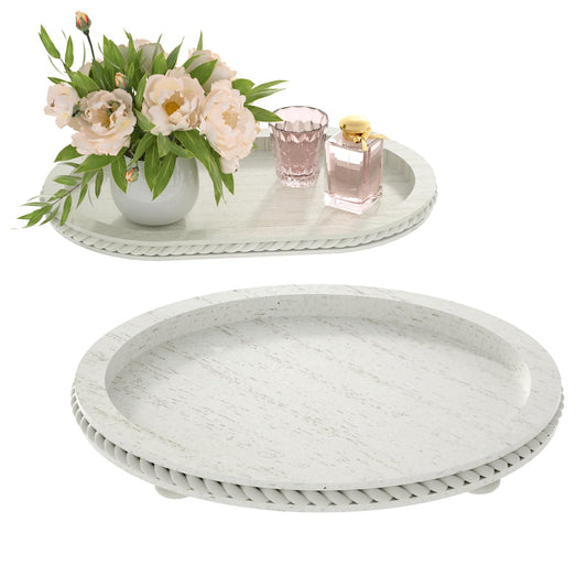 Urban Deco Oval Wooden Tiered Tray, Farmhouse Vintage Decorative Tray Stand for Coffee Table, White Serving Tray for Living Room Kitchen Home Decor - 1 Pack
