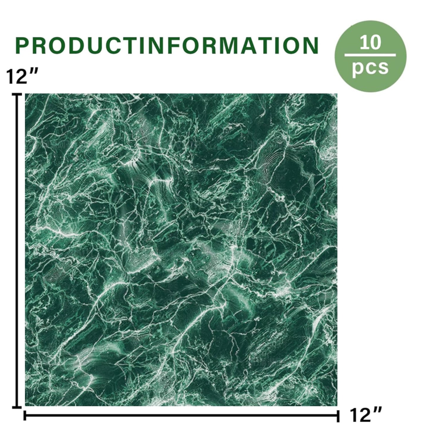 ZRJT 10-Pack 10 Sq.Ft Peel and Stick Floor Tiles Vinyl Polish Pattern Flooring, 12” x 12” Self Adhesive Vinyl Flooring DIY for Kitchen, Bathroom, Laundry, Polish Green Marble